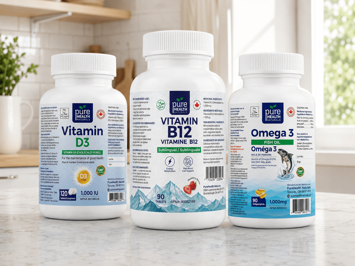 Pure Health Naturals Vitamin B12, Vitamin D3 and Omega 3 collection