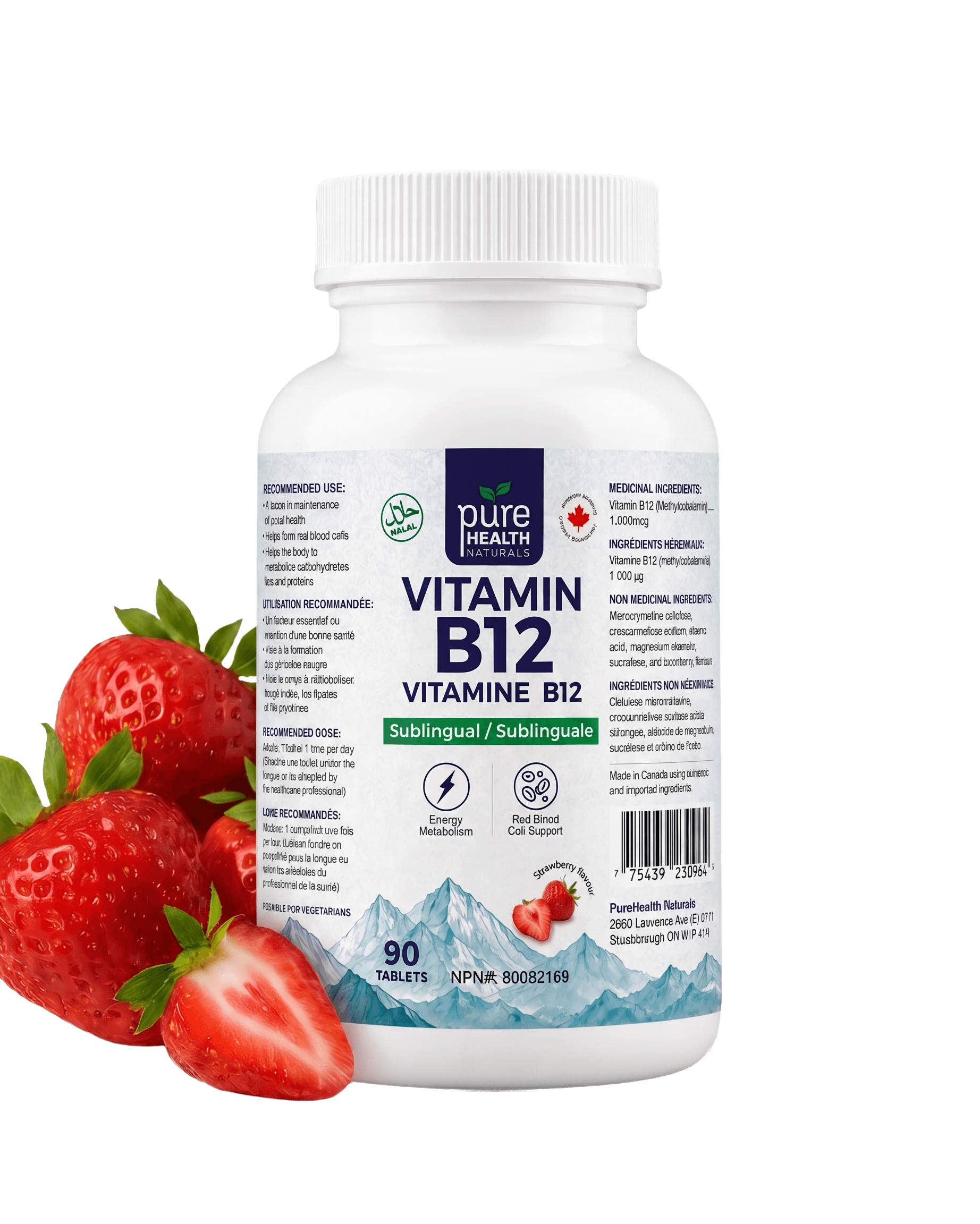 Pure Health Naturals Vitamin B12 bottle with strawberries